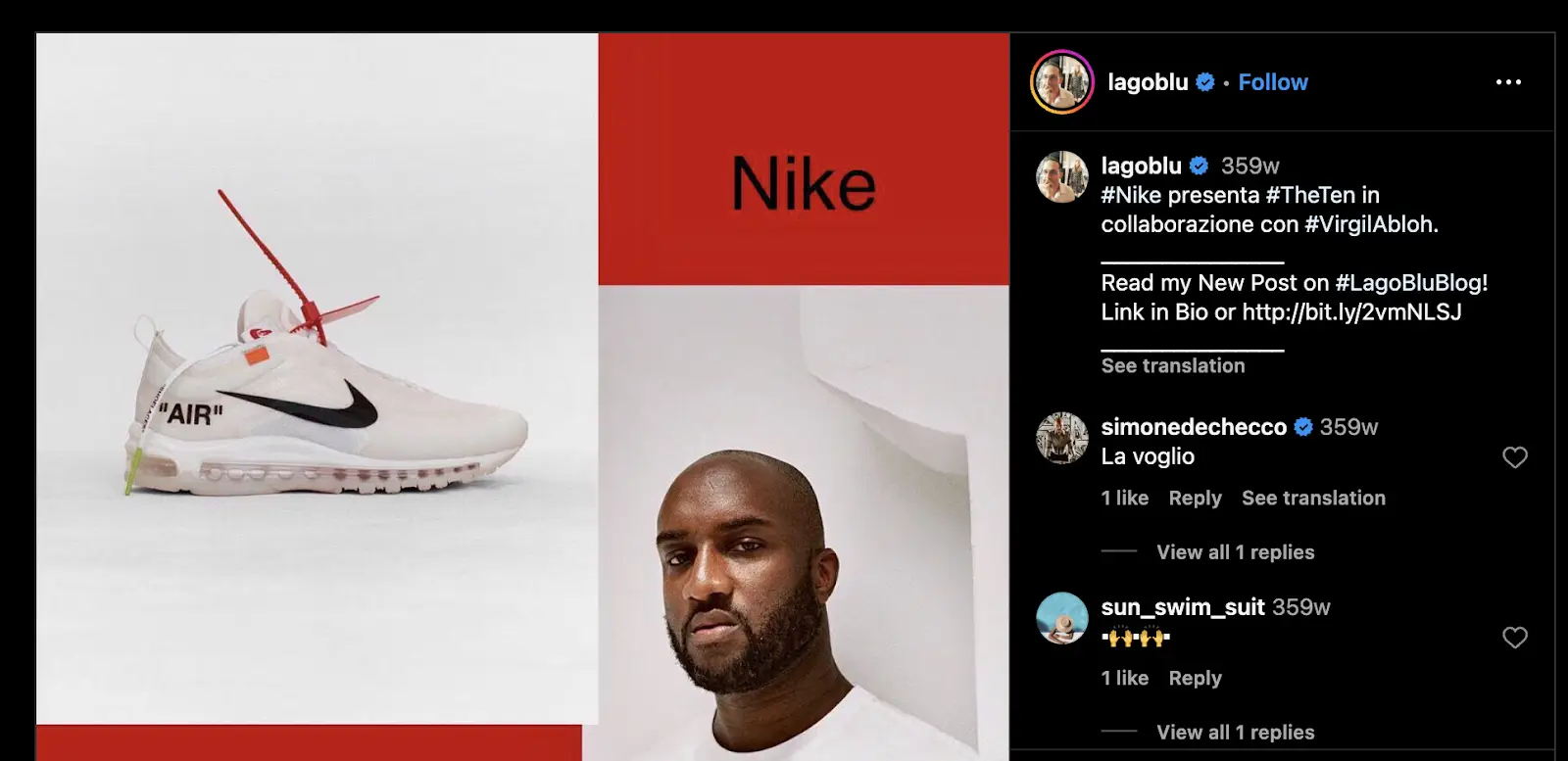 A teaser of the Nike X Virgil collaboration on Instagram