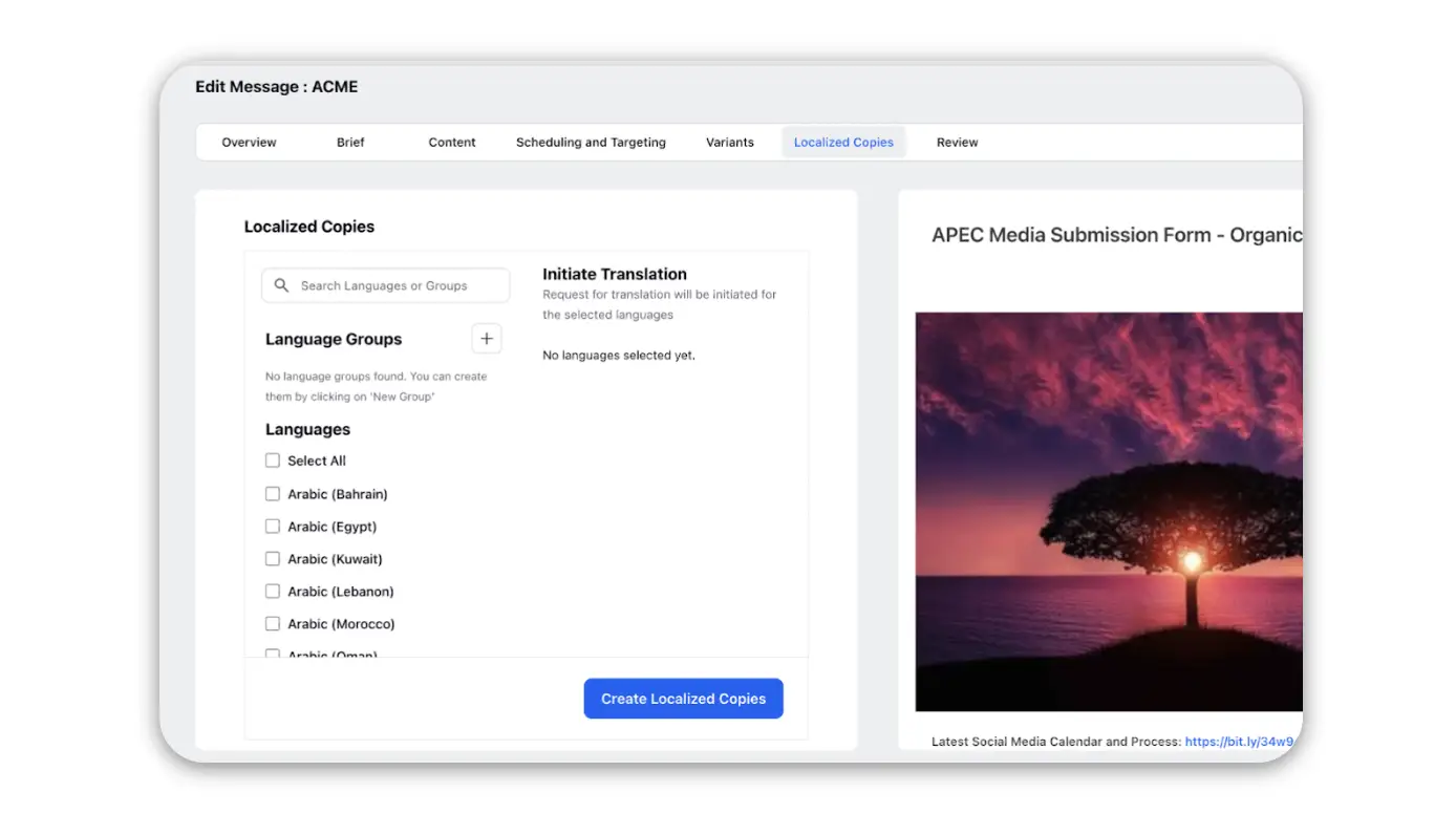 Sprinklr allows you to select the language to help create localized copies.