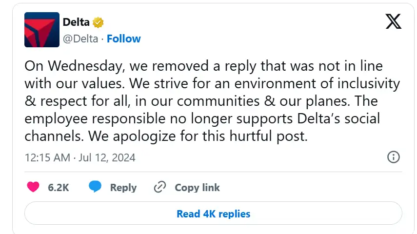 Screenshot of Delta’s apology post on Instagram. 