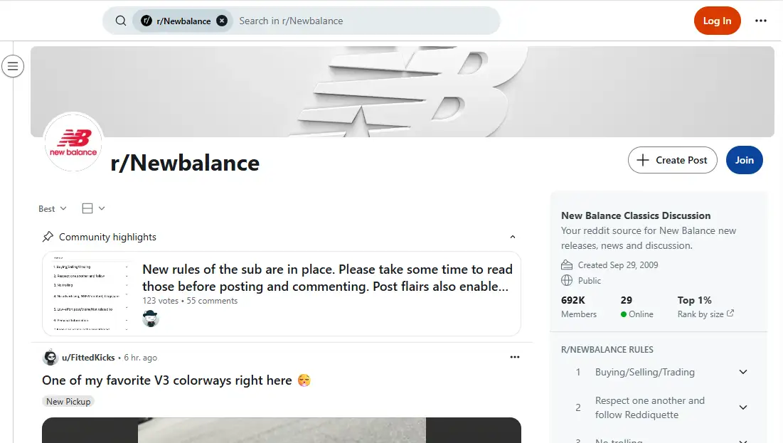 New Balance Reddit discussion screenshot showcasing trending consumer insights