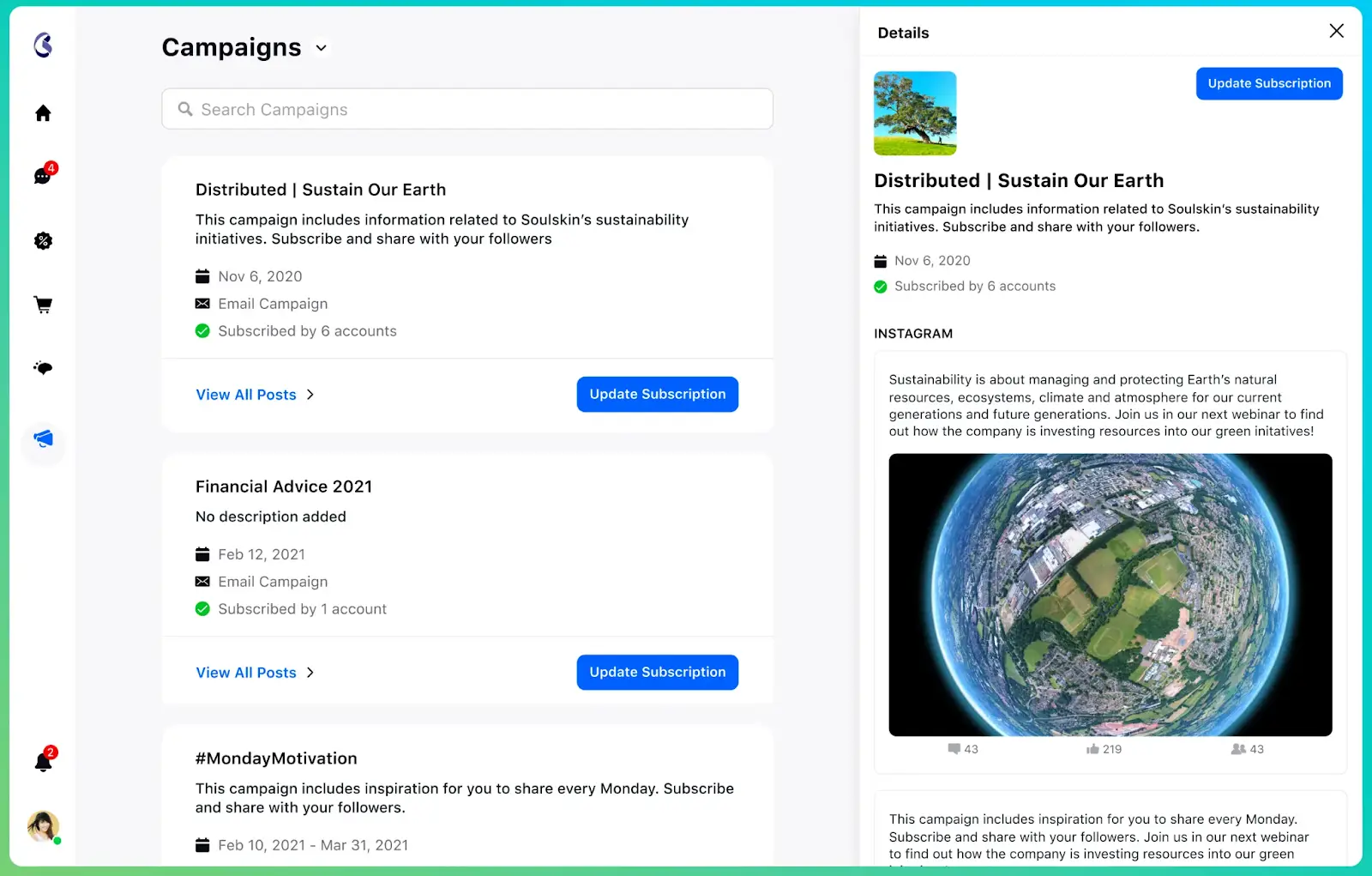 Dashboard view of Sprinklr Distributed Marketing Platform showing centralized content management across teams and regions with approval tracking