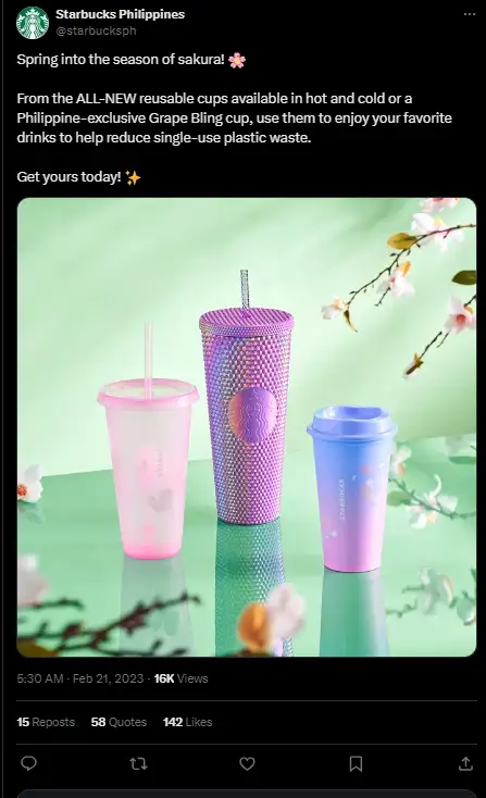 A Starbucks X post featuring their commitment to reducing plastic waste with an engaging visual of their reusable cups.