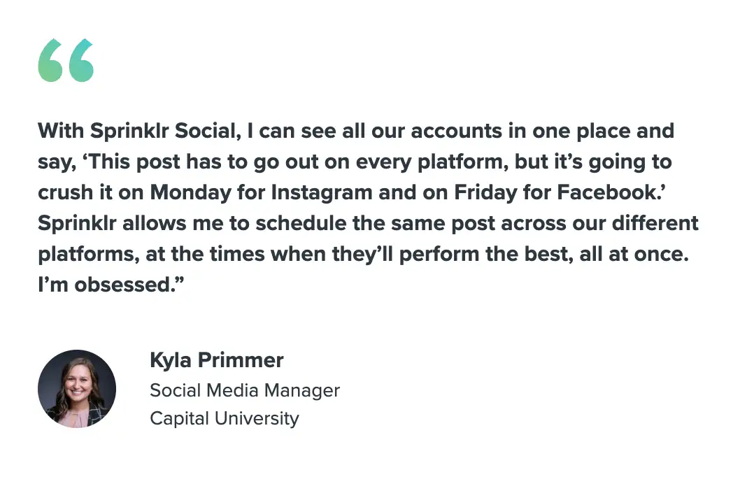 Screenshot of client testimonial quote by Kyla Primmer, Social Media Manager, Capital University