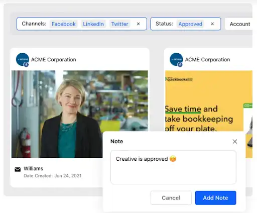 A screenshot of Sprinklr-s Ads Manager interface showing a social media channel field, where Facebook, LinkedIn, and Twitter have been entered, and a status field, where -approved- has been entered. On the page, there-s also a pop-up