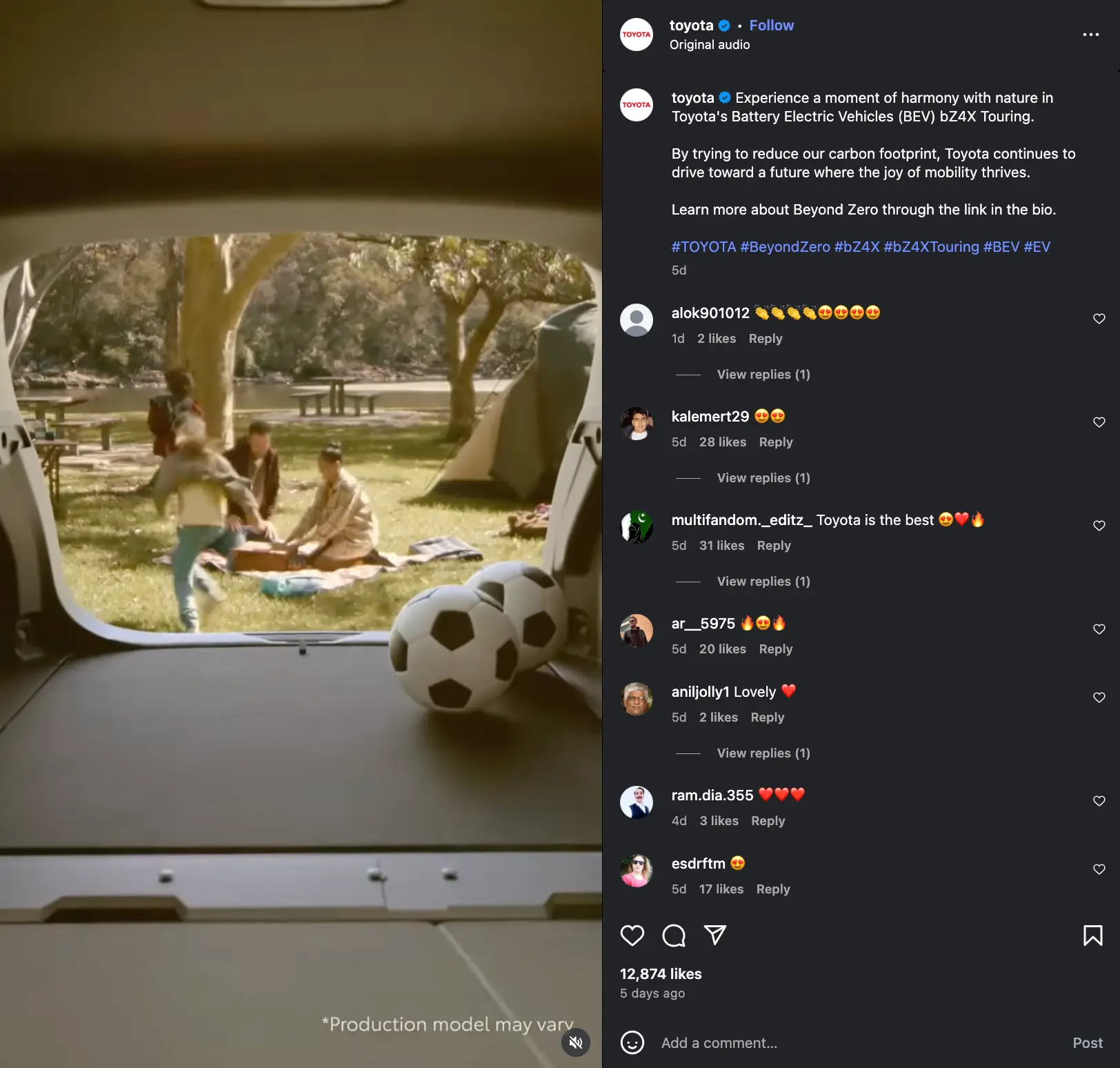 Screenshot of an Instagram post from Toyota's official handle showcasing the usage of hashtags. 