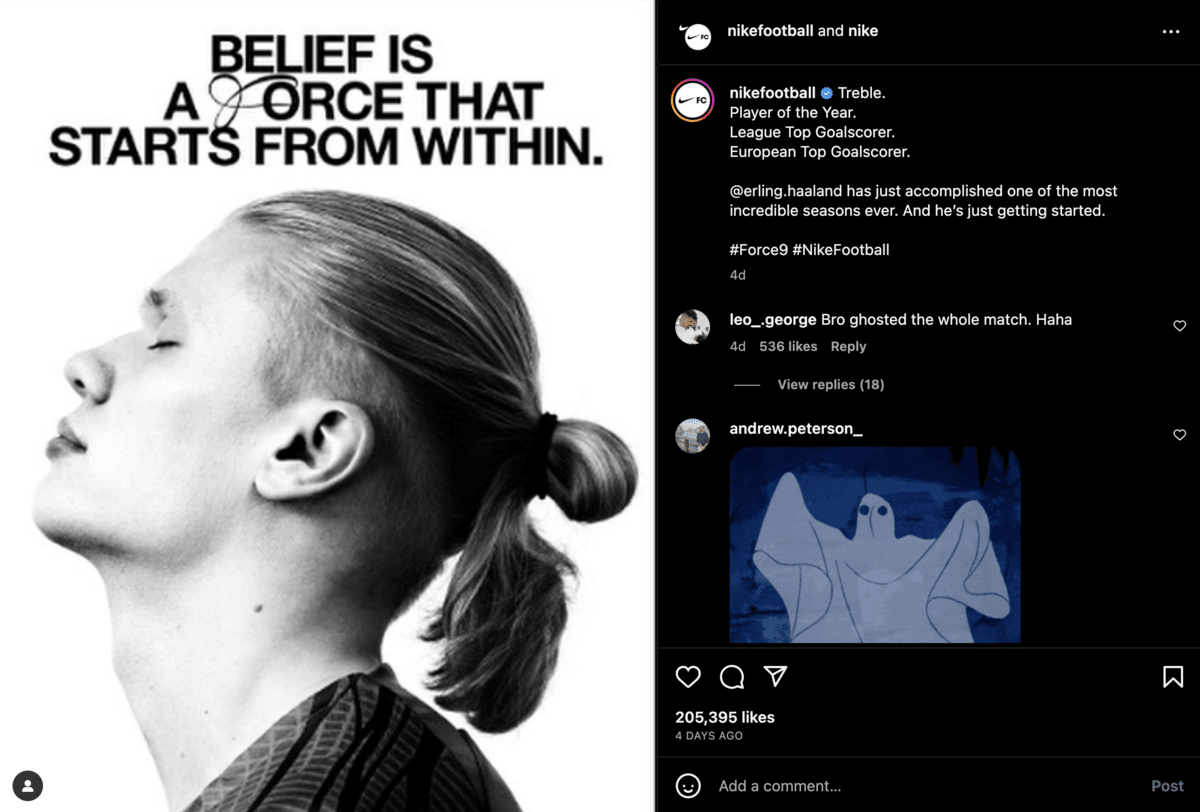 A motivational post on Instagram by Nike with the quote, "Belief is a force that starts from within''
