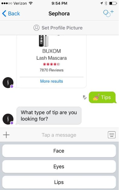 An image showing how Sephora uses chatbots for product recommendations.