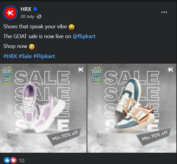 A post from HRX about its GOAT sale on Flipkart 