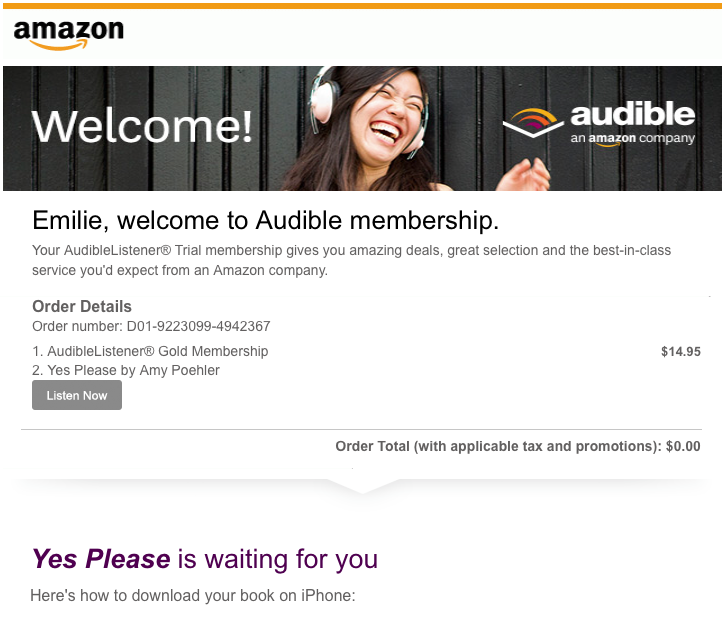 Amazon shoots a subscription welcome email to greet new users.