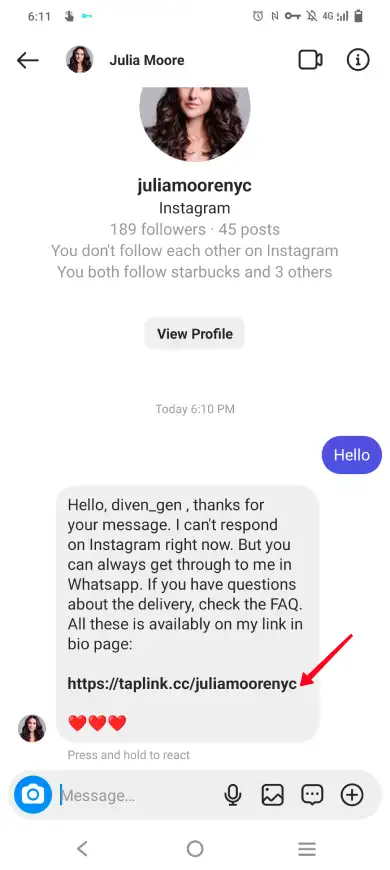 An automated response on Instagram to a direct message