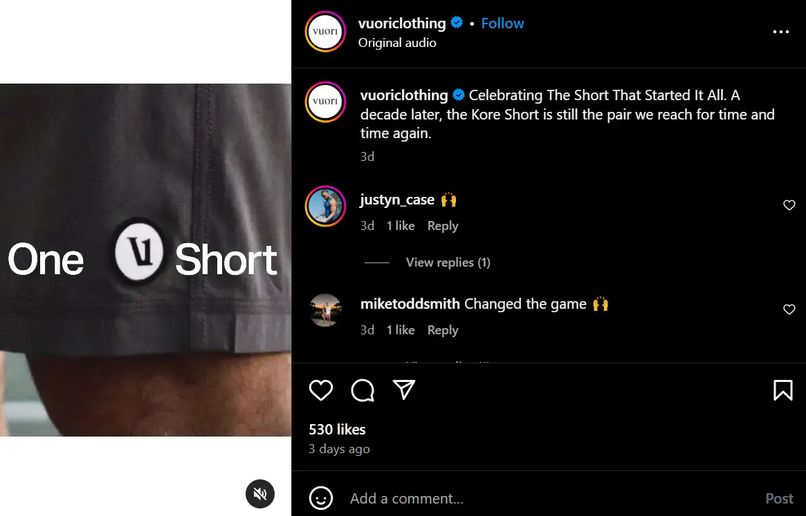 Vuori compared its reels placement on Facebook and Instagram to non-Reels placements  