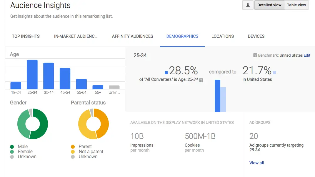 Google analytics shows audience insights based on demographics 