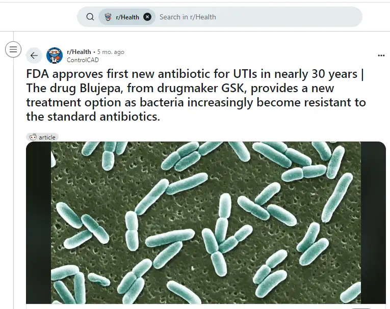 Screenshot of Reddit thread r/health showcasing a discussion on GSK 