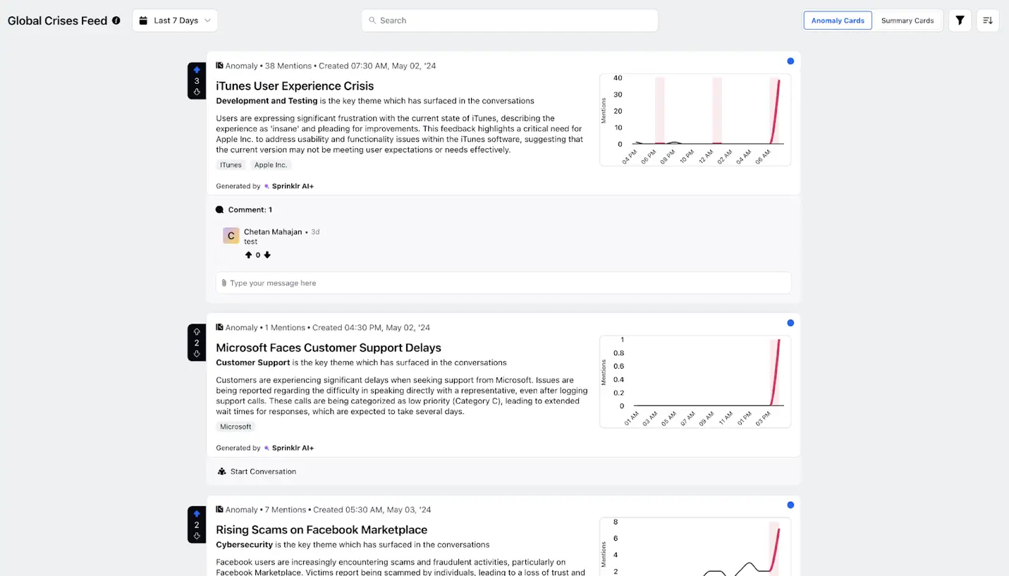 Sprinklr Insights dashboard showing the Global Crisis Feed