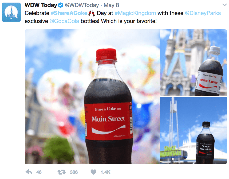 WDW Today promoting Disney Parks exclusive CocaCola bottles on Twitter with the share a Coke hashtag in the post-s description