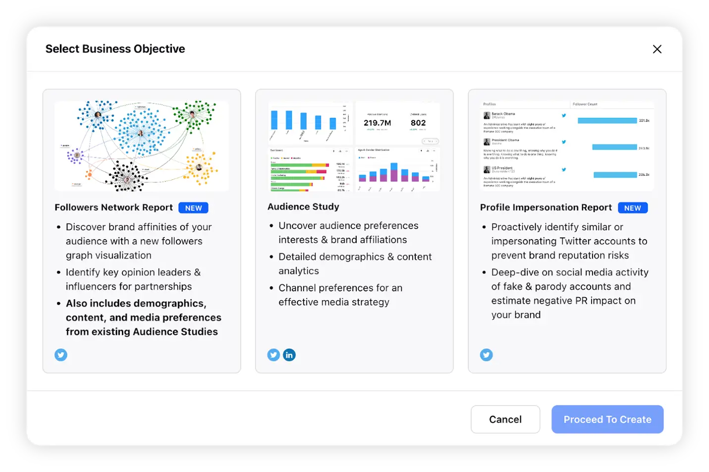 Sprinklr Audience Insights offers three types of research based on unique business objectives