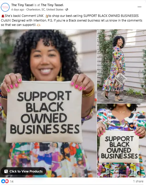 Facebook post from The Tiny Tassel leveraging the shoppable feature 