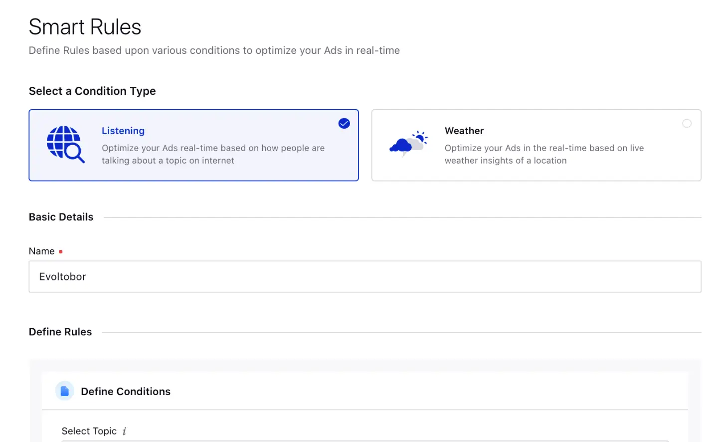 Sprinklr Smart Rules in Ads Manager to Optimize Ad Campaigns.