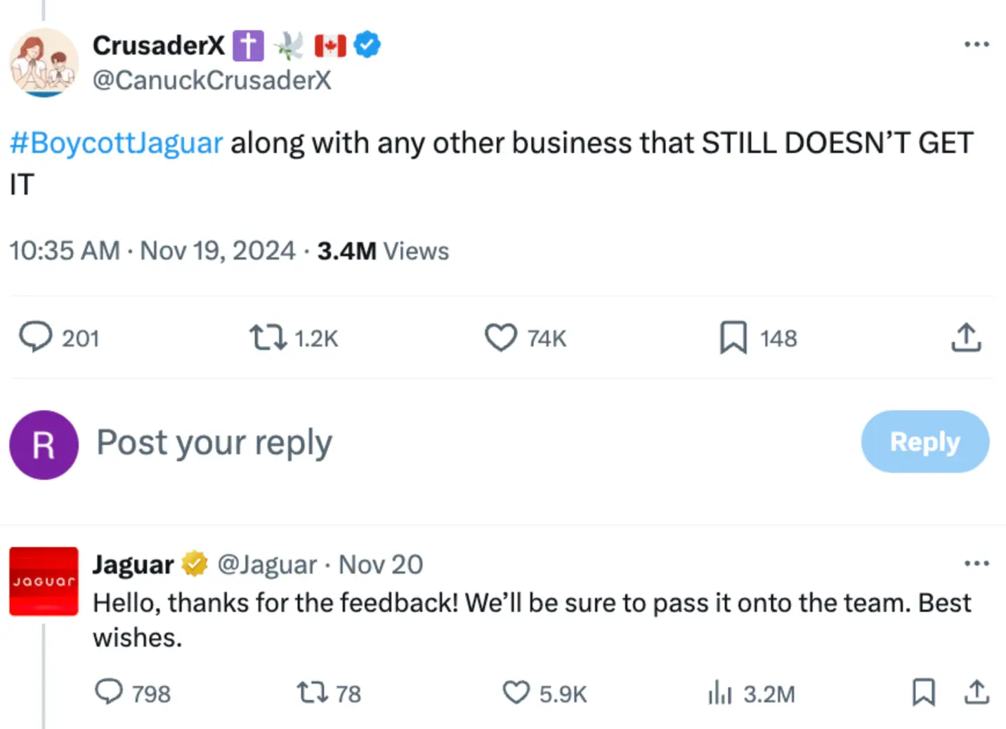 Fake profile on X call for a boycott on Jaguar going viral.

