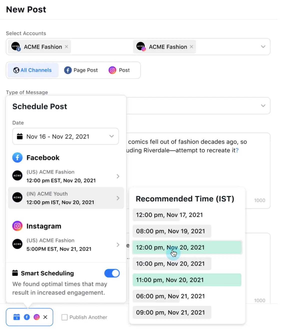 Smart Schedule on Sprinklr uses AI to suggest the best times to post for each channel 
