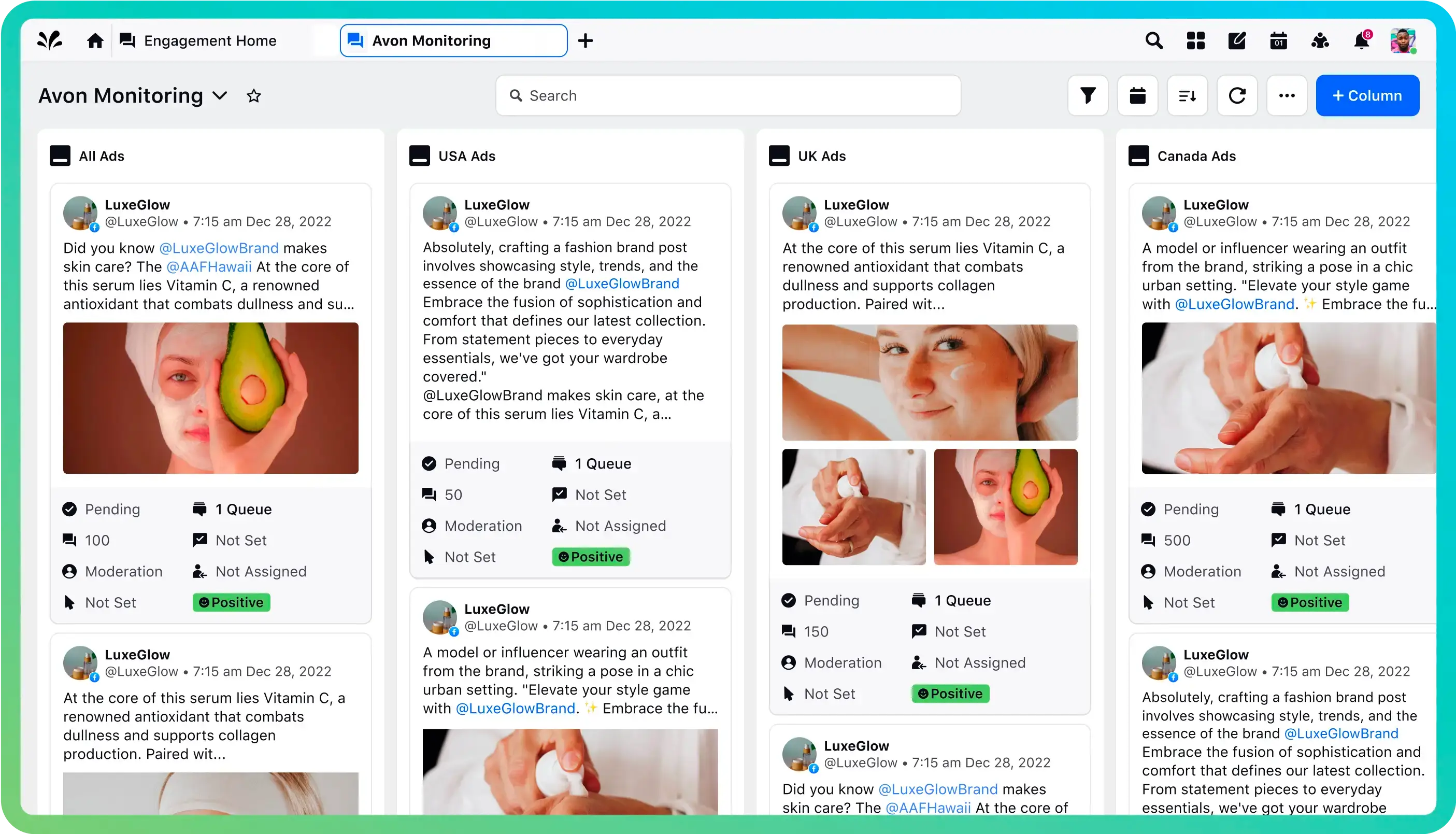 Sprinklr Social’s dashboard with insights from multiple social channels in a unified format. 