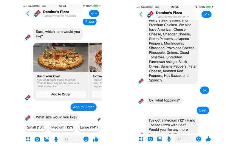 Dominos Restaurant Chatbot on Facebook Messenger Assisting Customers with Orders