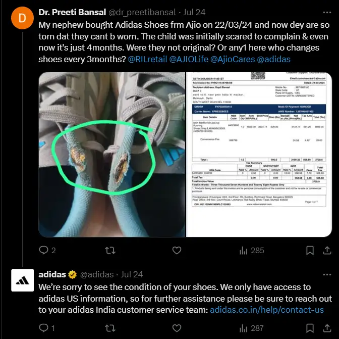 A quick reply from Adidas on X (previously Twitter) to a customer issue.