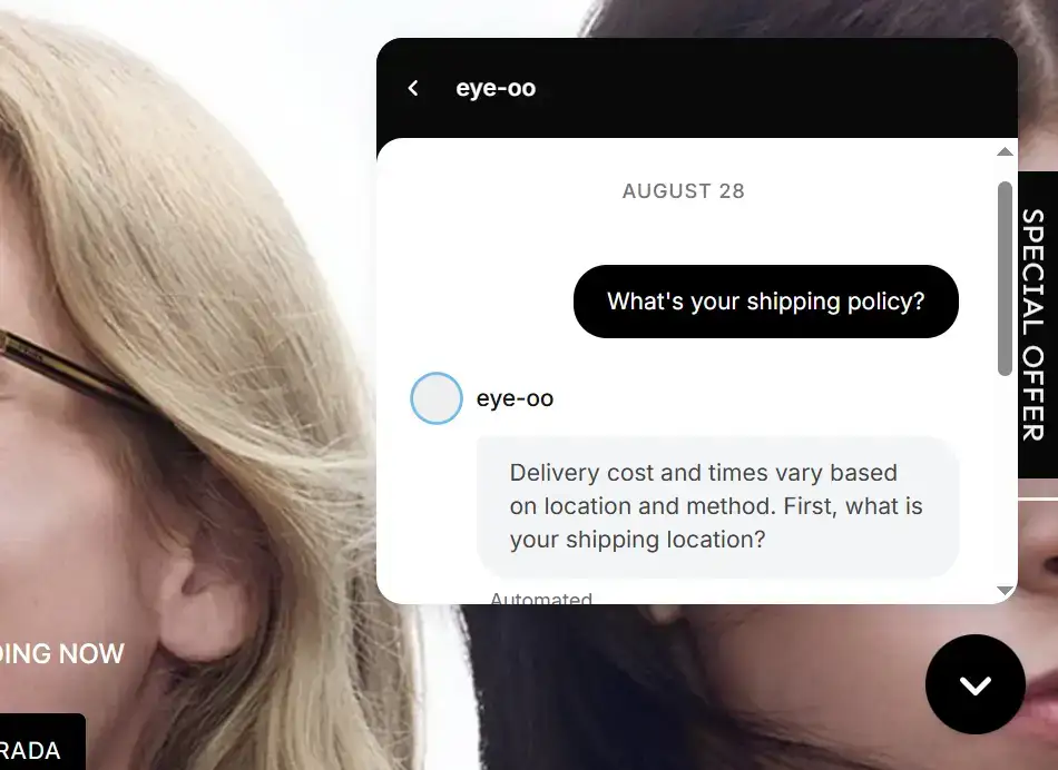 An automated text from eye-oo on their website triggered by a user prompt.