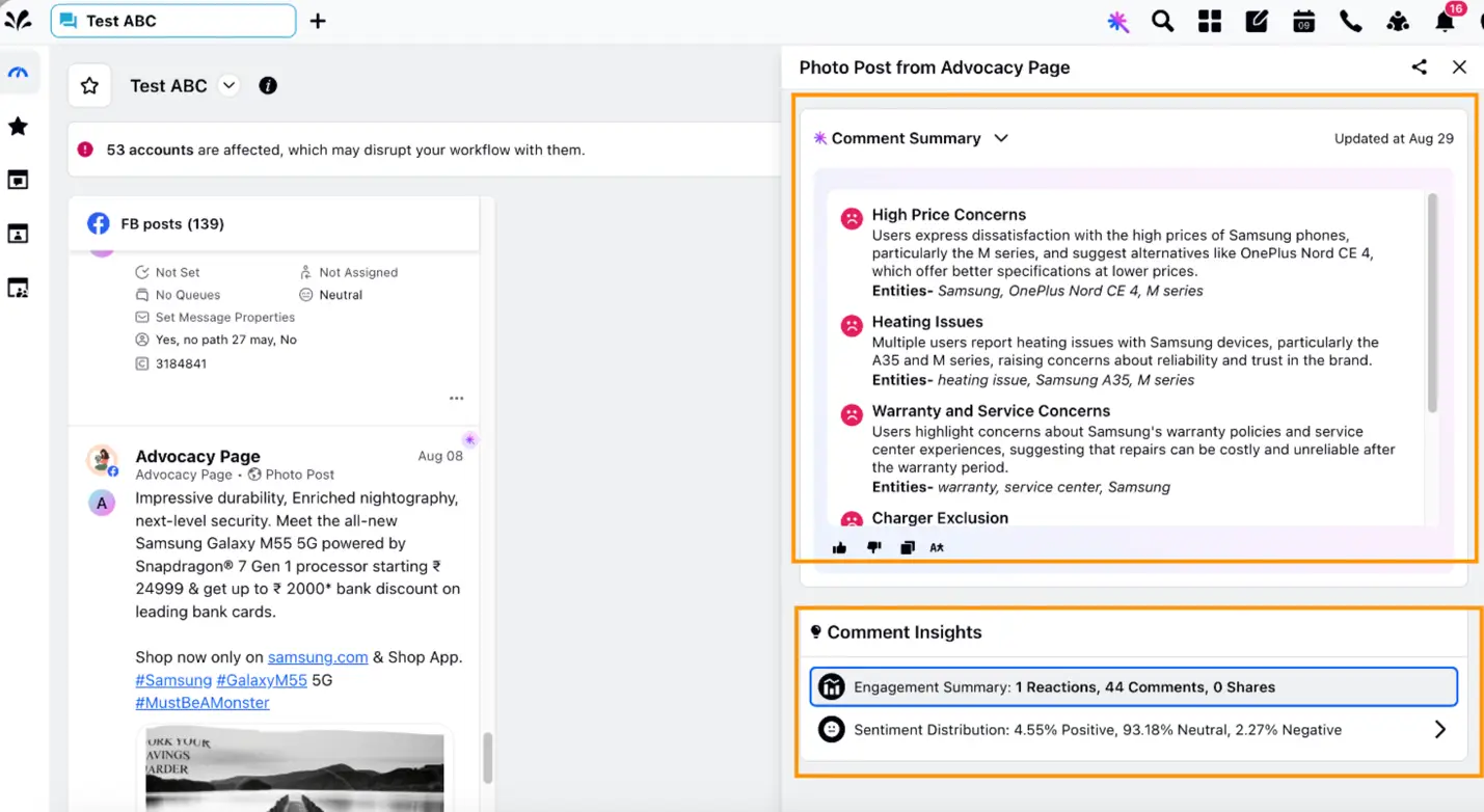 Sprinklr's AI Summarizer feature to aggregate, analyze and categorize comments from social media posts.