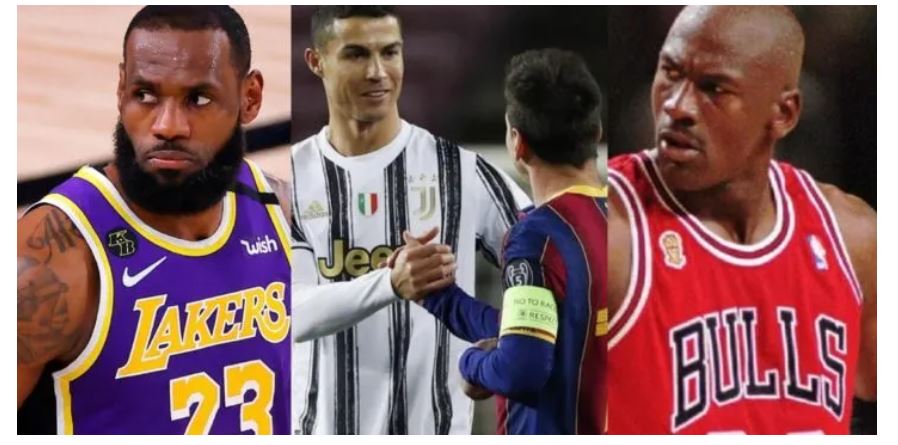 A collage of Nike-sponsored sports celebrities that-s showcasing LeBron James, Cristiano Ronaldo and Michael Jordan