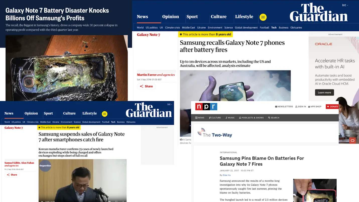 Cutouts of media reports on Samsung Galaxy Note 7 catching fire 
