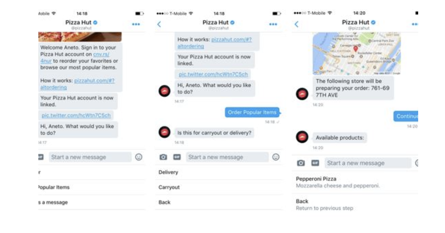 Pizza Hut Twitter bot interface for ordering pizzas based on previous orders, popular items,