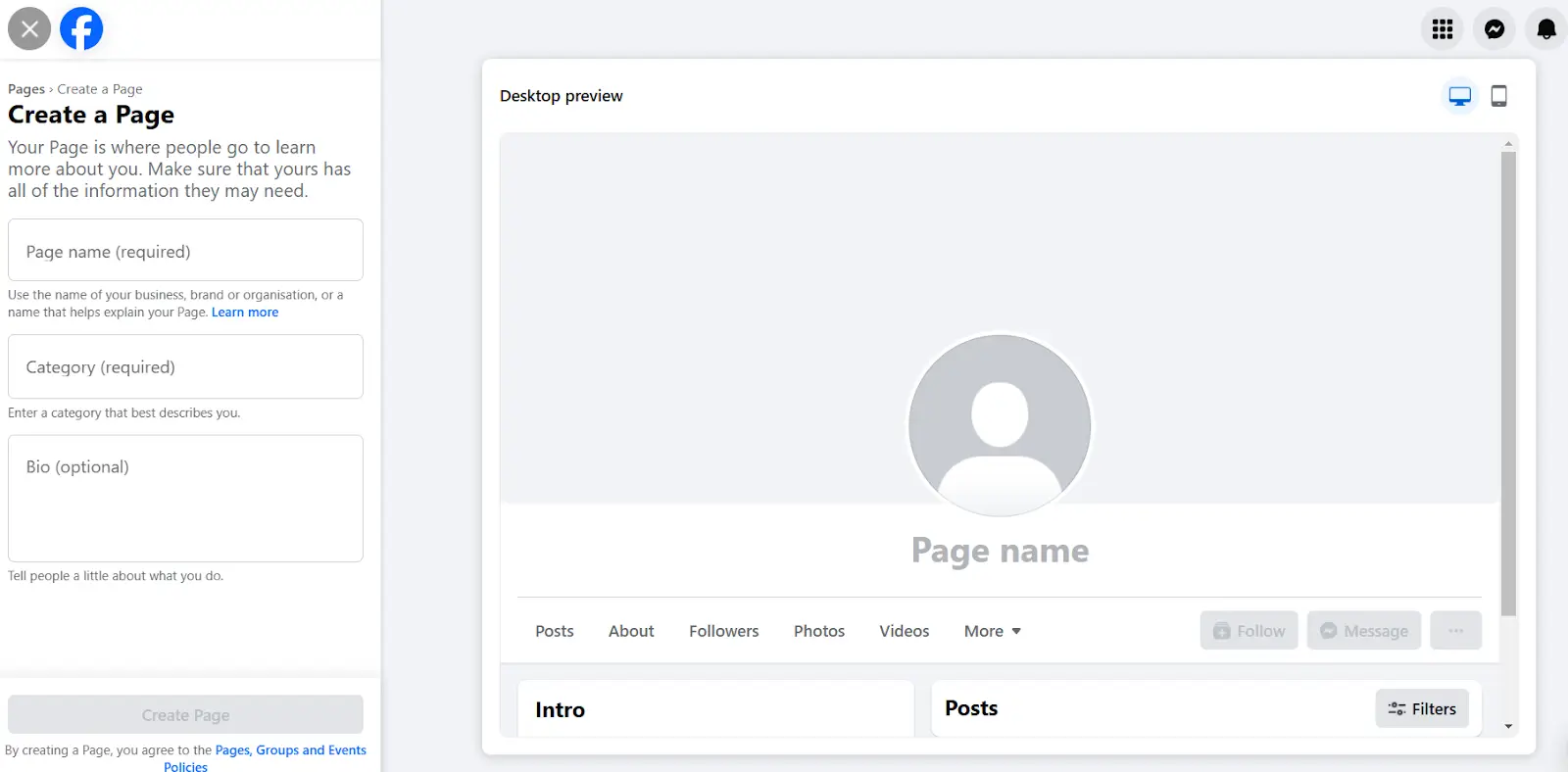 ‘Create a Page’ section on Facebook