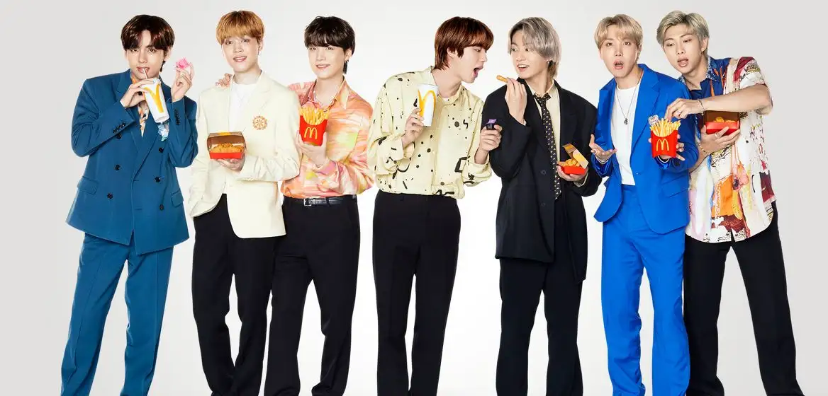Image showcasing McDonald’s collaboration with BTS, featuring branded packaging and themed menu items to celebrate the global partnership