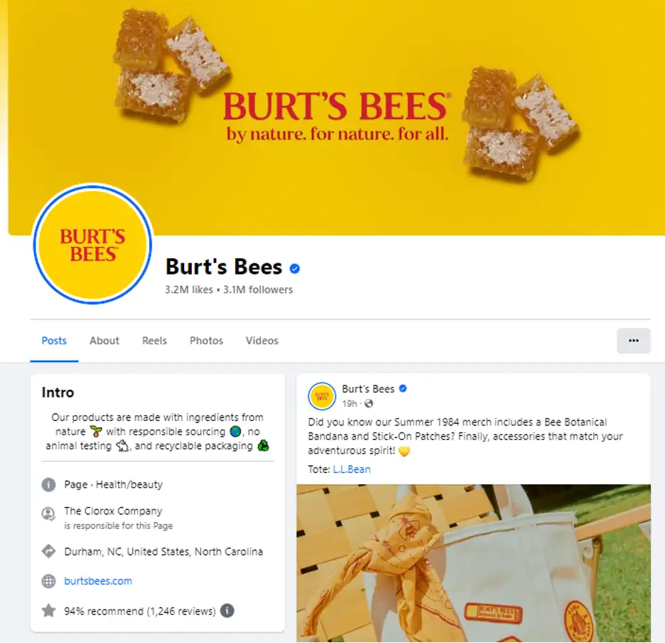 An optimized social media profile like Burt Bees- helps with social media optimization