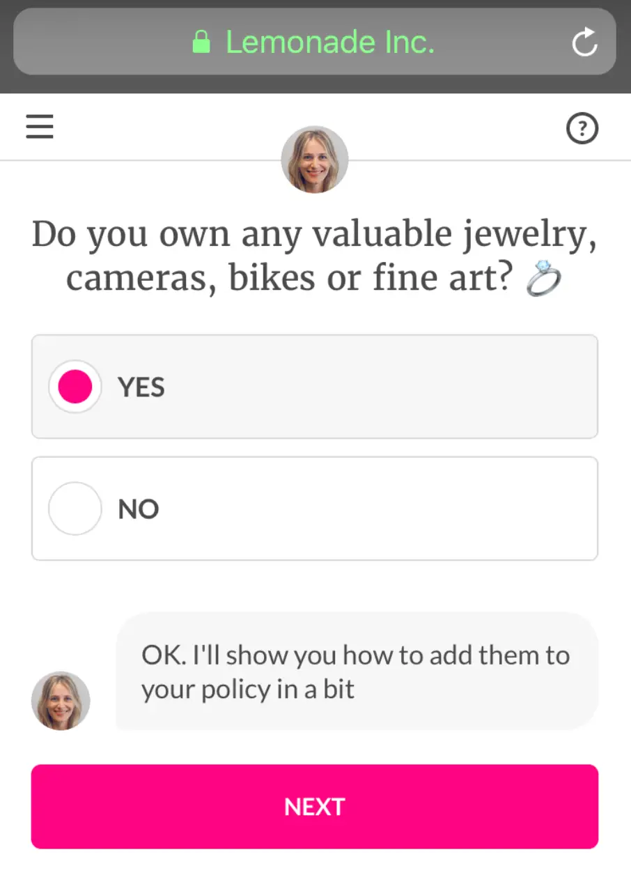 Maya, Lemonade's virtual chatbot helping in policy setup.