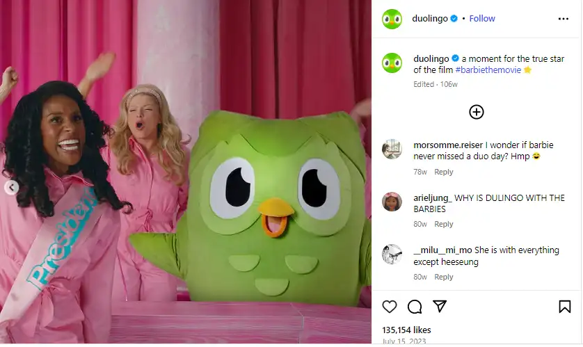 Duolingo's green owl mascot poses playfully in a humorous Instagram post