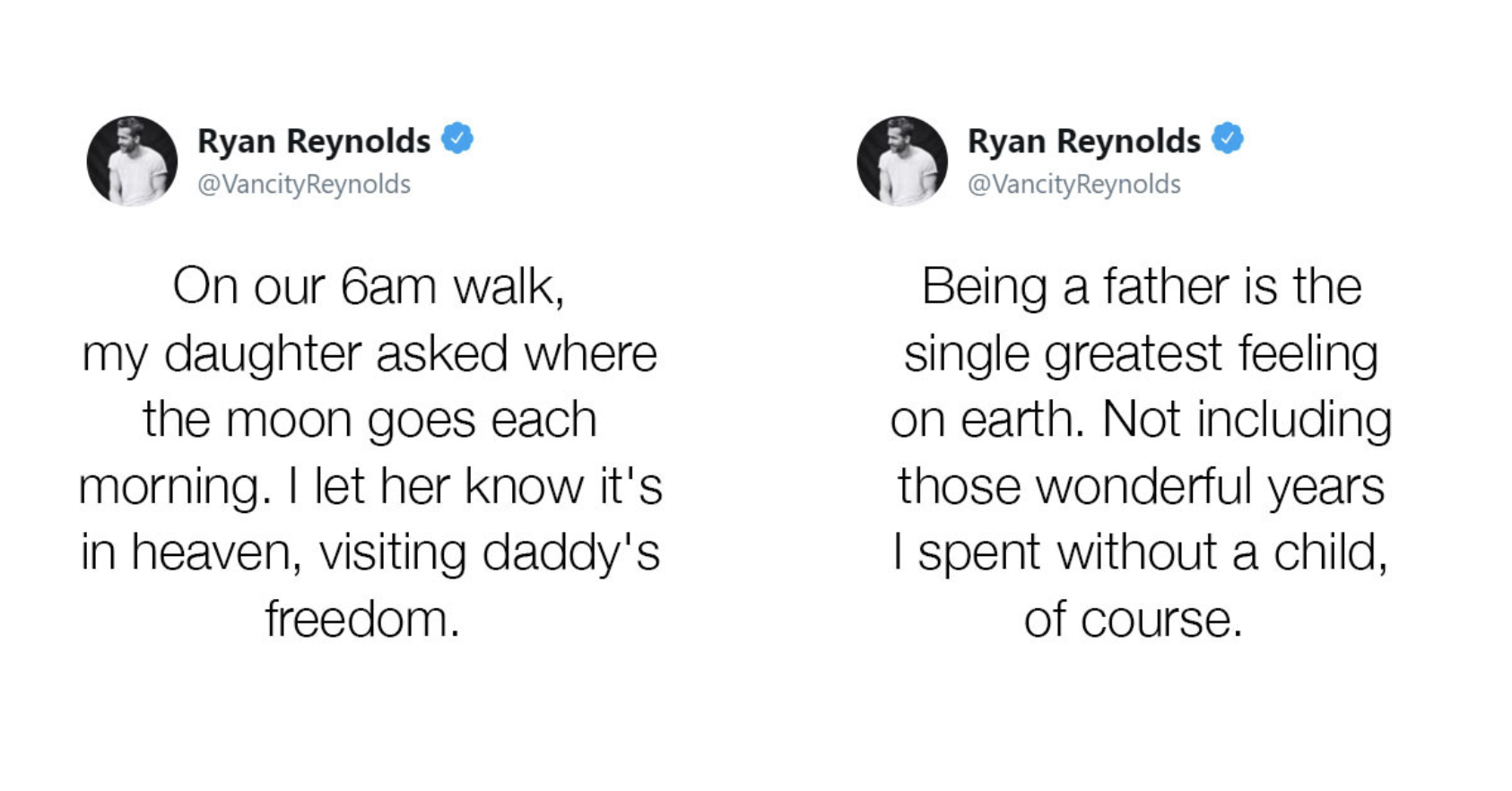 A couple of Ryan Reynolds-s trademark witty and engaging social media posts, showcasing his humorous charm and personality
