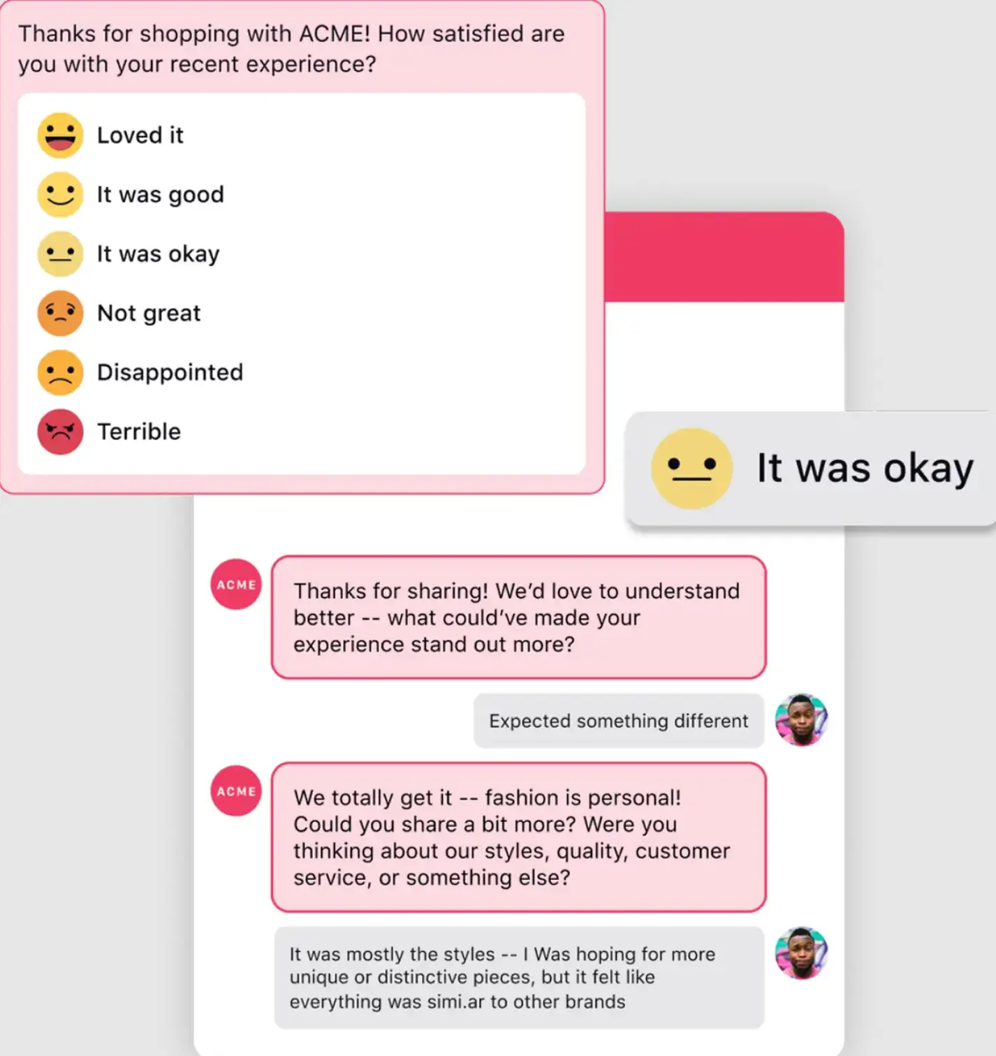 Sprinklr's conversational surveys' feature.