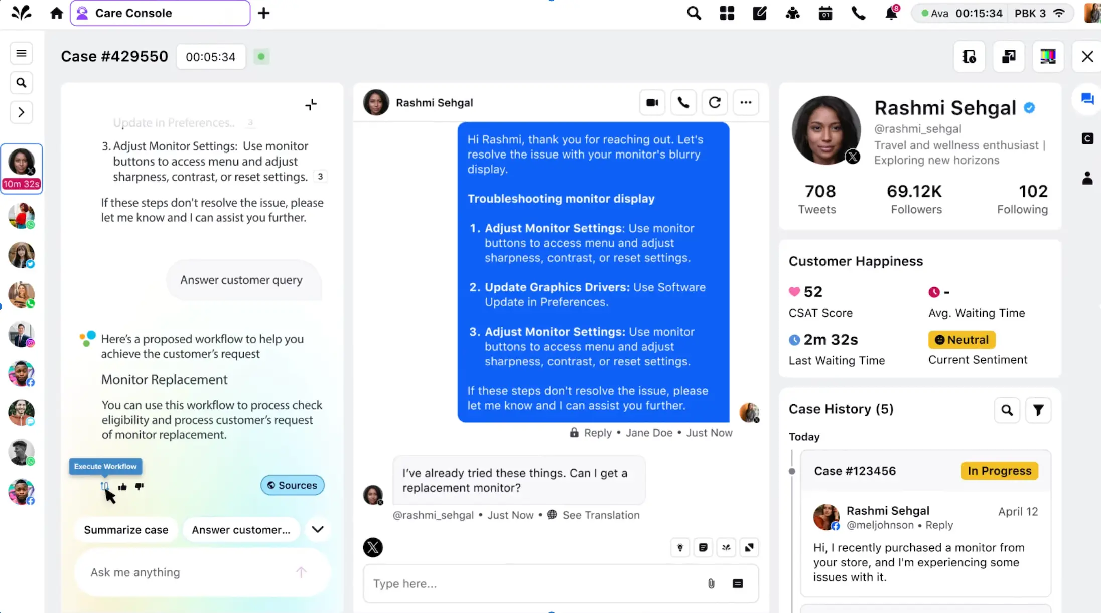 Sprinklr's social media customer service software Agent Copilot feature.