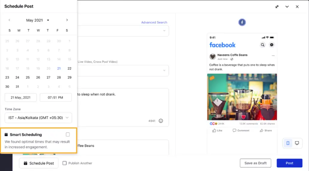 Sprinklr's Smart scheduling dashboard lets you plan your publishing calendar by time and zone. 