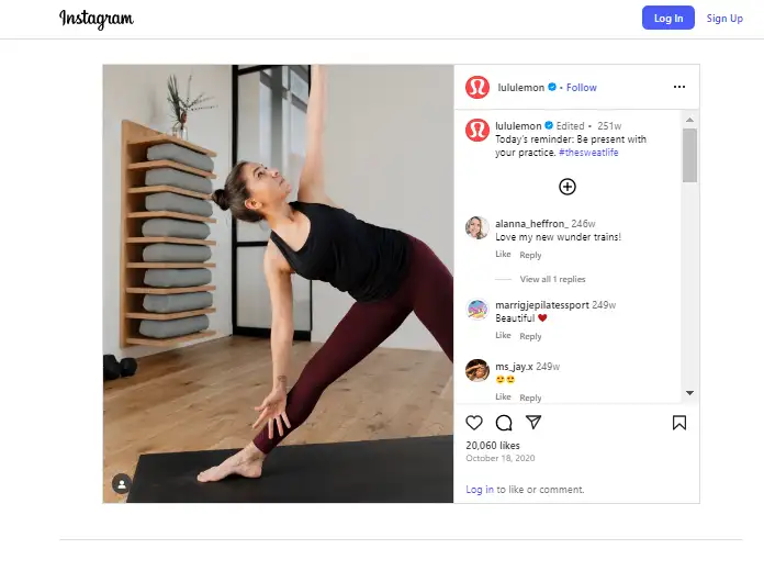 Screenshot of an Instagram post made on Lulumelon’s page showcasing #thesweatlife 