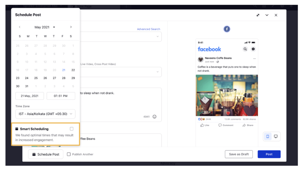Sprinklr's Smart Scheduling capability recommends ideal post timings, enhancing engagement.