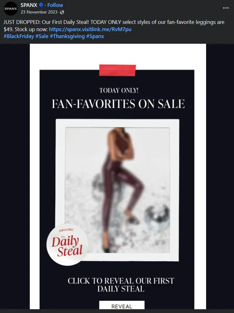 Spanx’s promotional post announcing a special Black Friday daily deal on fan-favorite leggings. 