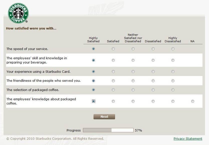 Starbucks survey is an example of good customer service