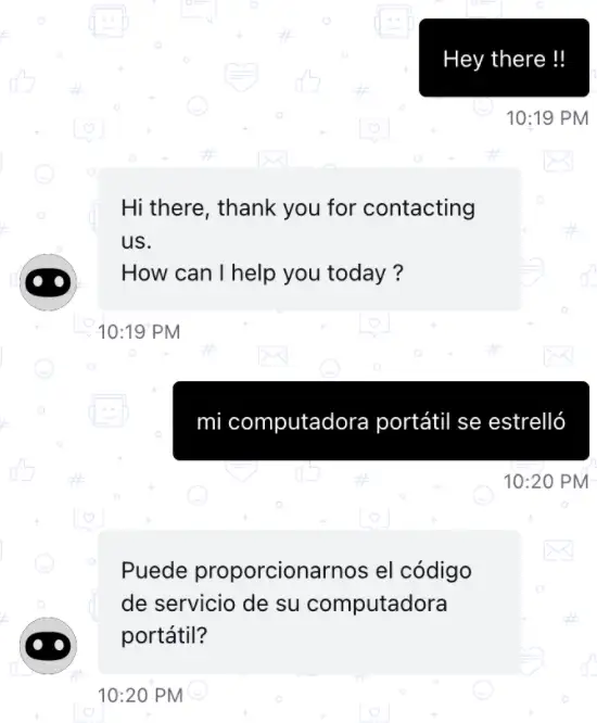 A screenshot showing a chatbot's response to a customer's question in the customer's native language.