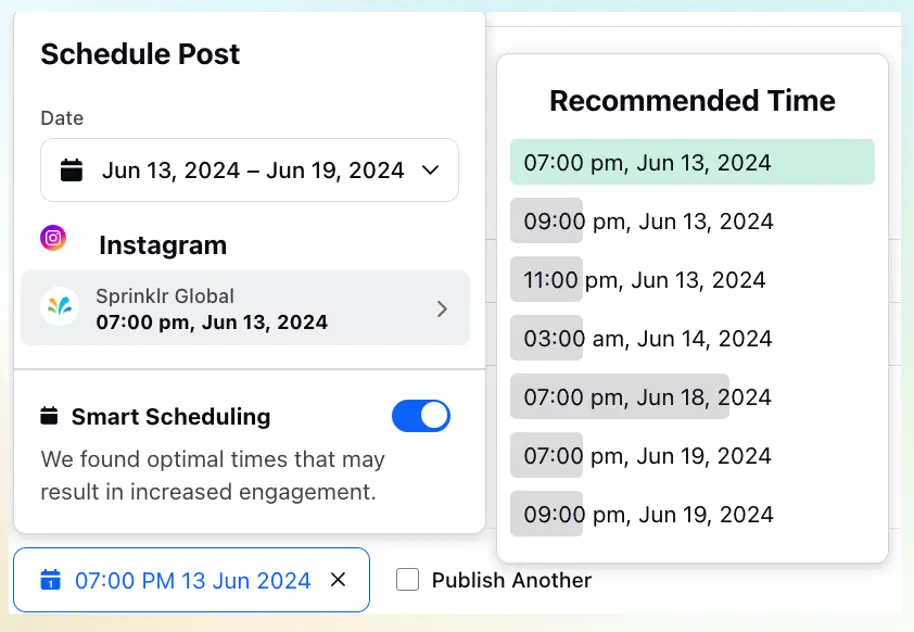 Sprinklr Scheduler dashboard showing optimal posting times on Instagram