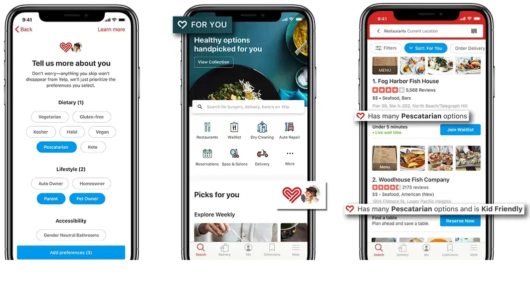 Yelp app screen showing customized user preferences and personalized restaurant recommendations. 