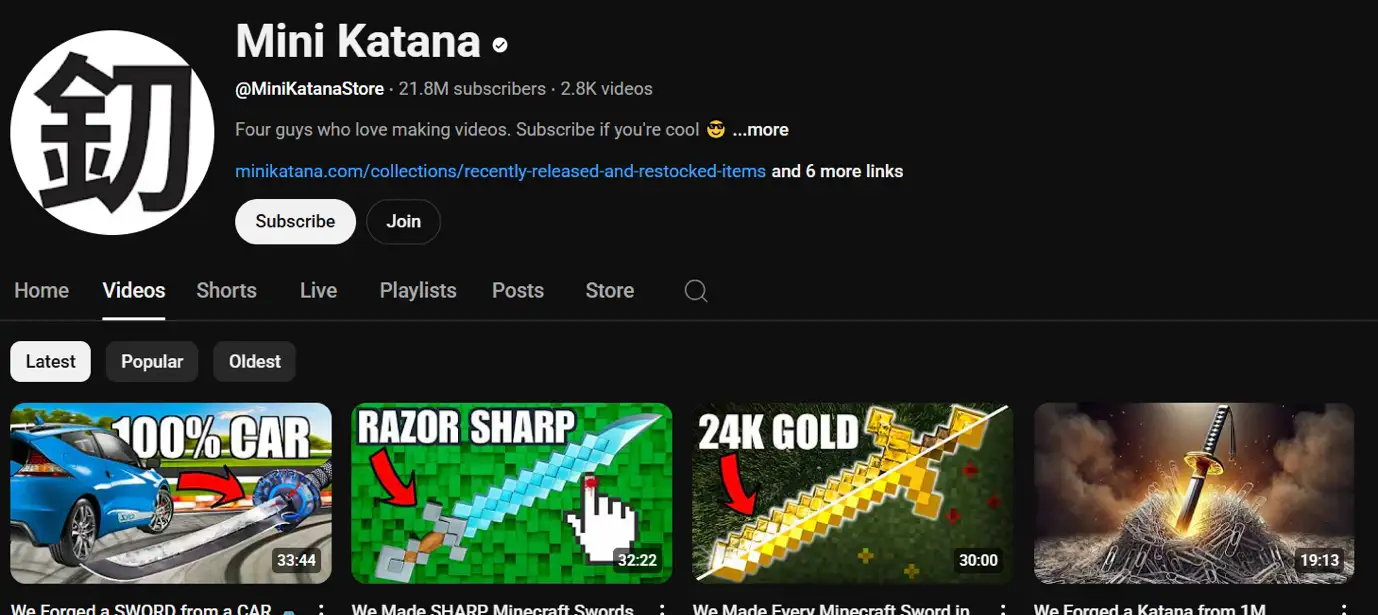 Mini Katana publishes a mix of YouTube shorts and long-form videos on its YouTube channel.