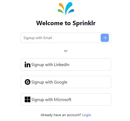 Sprinklr's login page displaying options to signup with various social media accounts.